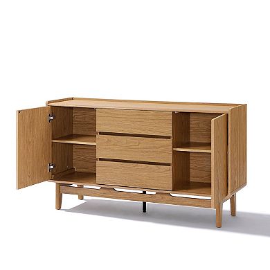 LuxenHome Oak Finish Manufactured Wood 55-Inch Wide Sideboard Cabinet with 3-Drawers