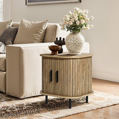 LuxenHome Mid-Century Modern 2-Door Nightstand and End Table with Slatted Slidng Doors