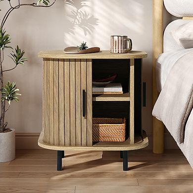 LuxenHome Mid-Century Modern 2-Door Nightstand and End Table with Slatted Slidng Doors