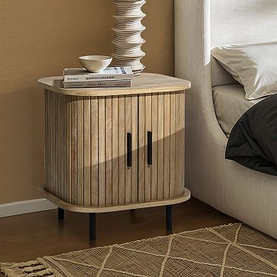 LuxenHome Mid-Century Modern 2-Door Nightstand and End Table with Slatted Slidng Doors
