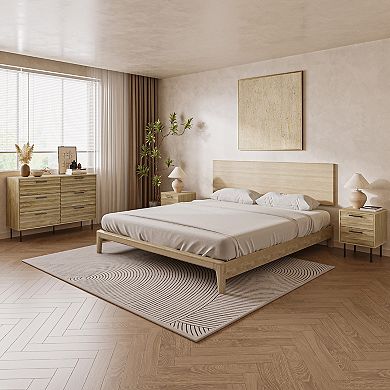 LuxenHome Mid-Century Modern Wave 2-Drawers End Table and Nightstand with Metal Legs