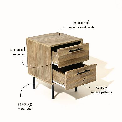 LuxenHome Mid-Century Modern Wave 2-Drawers End Table and Nightstand with Metal Legs