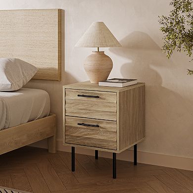 LuxenHome Mid-Century Modern Wave 2-Drawers End Table and Nightstand with Metal Legs