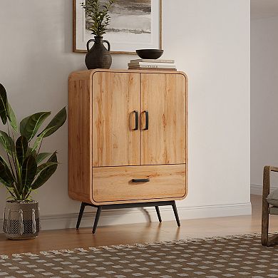 LuxenHome 2-Door 1-Drawer with Soft Close Buffet Cabinet with Black Metal Legs