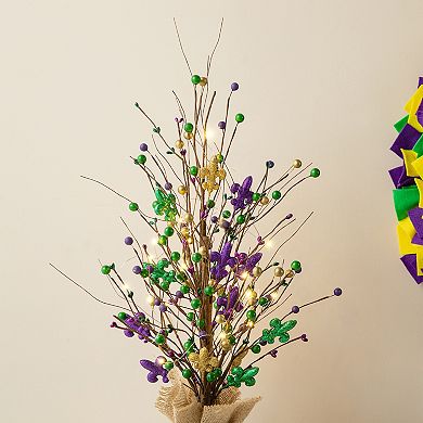 Glitzhome 21"H Lighted Mardi Gras Fleur-de-Lis & Berry Table Tree