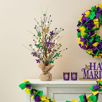 Glitzhome 21"H Lighted Mardi Gras Fleur-de-Lis & Berry Table Tree