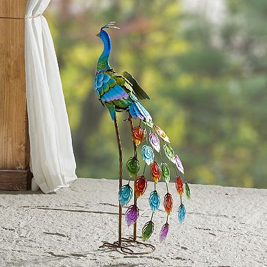 Glitzhome 32"H Metal Standing Peacock Garden Statue with Stakes
