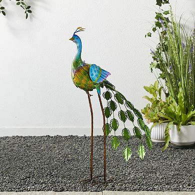 Glitzhome 32"H Metal Standing Peacock Garden Statue with Stakes