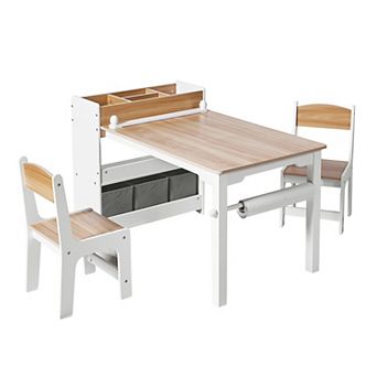LuxenHome Children Play Table with Bookcase and 2 Chairs Set
