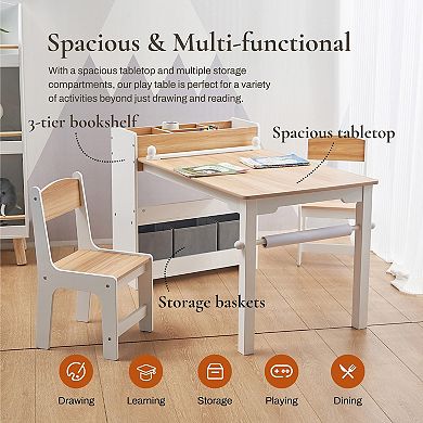 LuxenHome Children Play Table with Bookcase and 2 Chairs Set