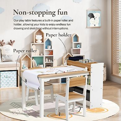 LuxenHome Children Play Table with Bookcase and 2 Chairs Set