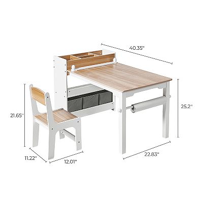 LuxenHome Children Play Table with Bookcase and 2 Chairs Set