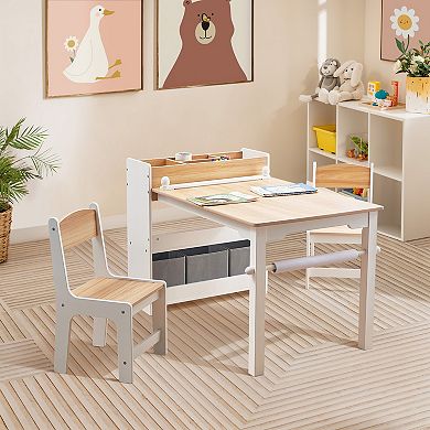 LuxenHome Children Play Table with Bookcase and 2 Chairs Set
