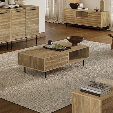LuxenHome Mid-Century Modern Wave 1-Drawer Coffee Table with Storage and Metal Legs