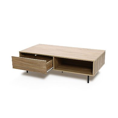 LuxenHome Mid-Century Modern Wave 1-Drawer Coffee Table with Storage and Metal Legs