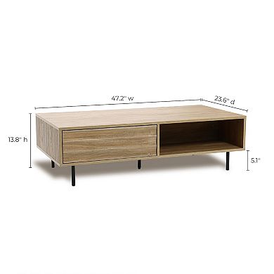LuxenHome Mid-Century Modern Wave 1-Drawer Coffee Table with Storage and Metal Legs