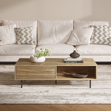 LuxenHome Mid-Century Modern Wave 1-Drawer Coffee Table with Storage and Metal Legs