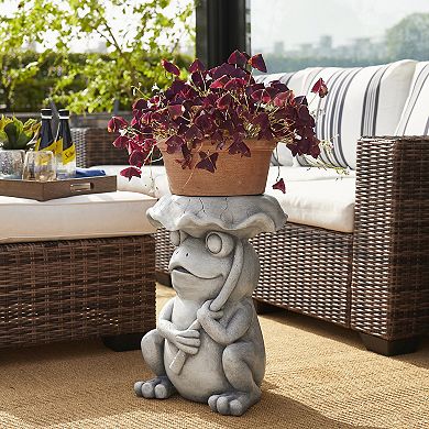 Glitzhome 19"H Multi-functional MGO Frog and Lotus Faux Concrete Garden Stool