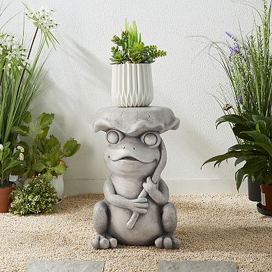 Glitzhome 19"H Multi-functional MGO Frog and Lotus Faux Concrete Garden Stool