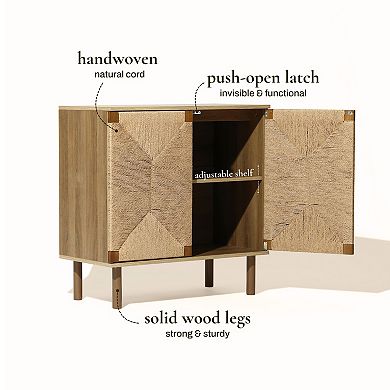 LuxenHome Mid-Century Modern Rope 2-Door Cabinet with Wood Legs