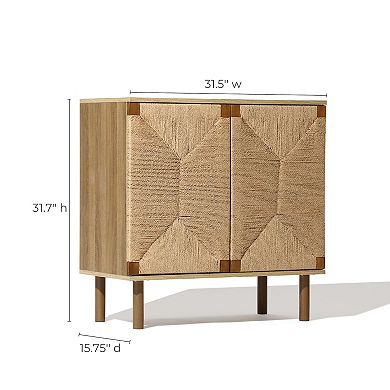 LuxenHome Mid-Century Modern Rope 2-Door Cabinet with Wood Legs