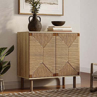 LuxenHome Mid-Century Modern Rope 2-Door Cabinet with Wood Legs