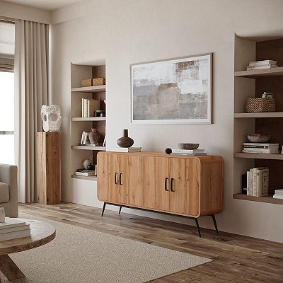 LuxenHome 4-Door with Soft Close 63-Inch Wide Sideboard Server Cabinet with Black Metal Legs