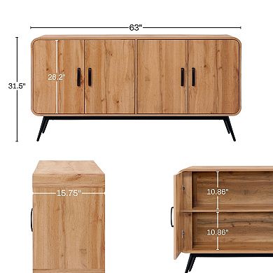 LuxenHome 4-Door with Soft Close 63-Inch Wide Sideboard Server Cabinet with Black Metal Legs