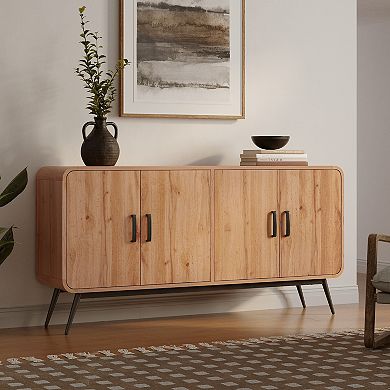 LuxenHome 4-Door with Soft Close 63-Inch Wide Sideboard Server Cabinet with Black Metal Legs