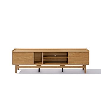 LuxenHome Oak Finish Manufactured Wood 70-Inch Wide Credenza TV Stand with Storage