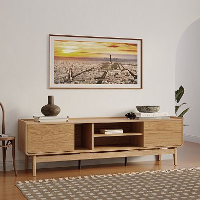 LuxenHome Oak Finish Manufactured Wood 70-Inch Wide Credenza TV Stand with Storage