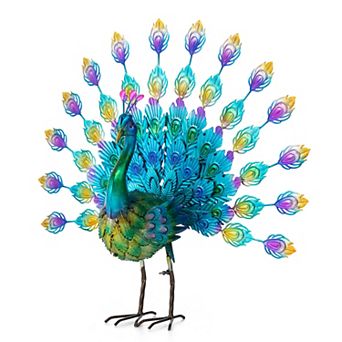 Glitzhome Spirited Metal Peacock Tail Spread Garden Statue with Stakes