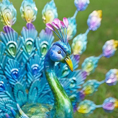 Glitzhome Spirited Metal Peacock Tail Spread Garden Statue with Stakes
