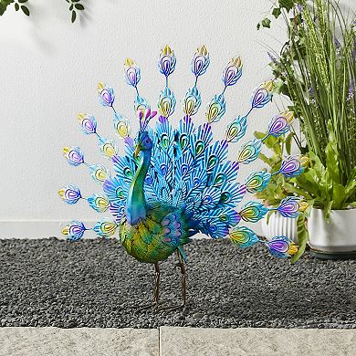 Glitzhome Spirited Metal Peacock Tail Spread Garden Statue with Stakes