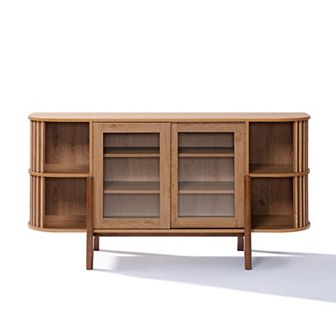 LuxenHome 59" Sideboard Buffet Cabinet with Storage and 2 Glass Door, Open Storage and Wood Legs