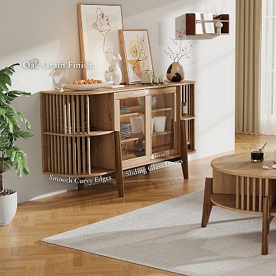 LuxenHome 59" Sideboard Buffet Cabinet with Storage and 2 Glass Door, Open Storage and Wood Legs