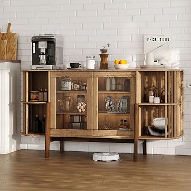 LuxenHome 59" Sideboard Buffet Cabinet with Storage and 2 Glass Door, Open Storage and Wood Legs