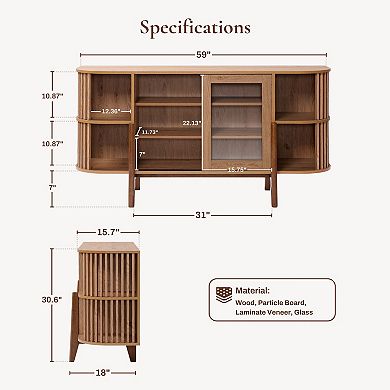 LuxenHome 59" Sideboard Buffet Cabinet with Storage and 2 Glass Door, Open Storage and Wood Legs