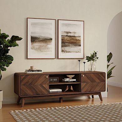 LuxenHome Columbia Engineered Wood 63-Inch Wide Credenza TV Stand with Storage