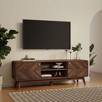 LuxenHome Columbia Engineered Wood 63-Inch Wide Credenza TV Stand with Storage