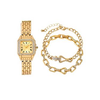 Jessica Carlyle Gold Tone Metal Analog Watch with Crystal Accents & Bracelet Set