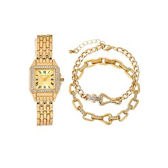 Jessica Carlyle Gold Tone Metal Analog Watch with Crystal Accents & Bracelet Set