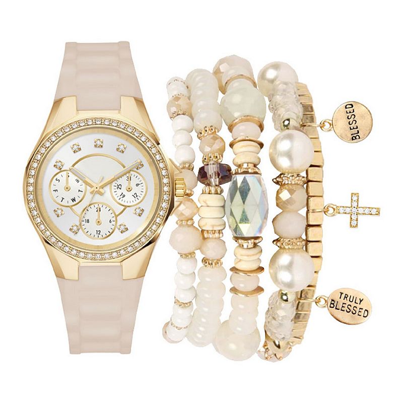 Jessica Carlyle Beige Silicone 35 mm Analog Watch & Bracelet Set, Women's, Silver