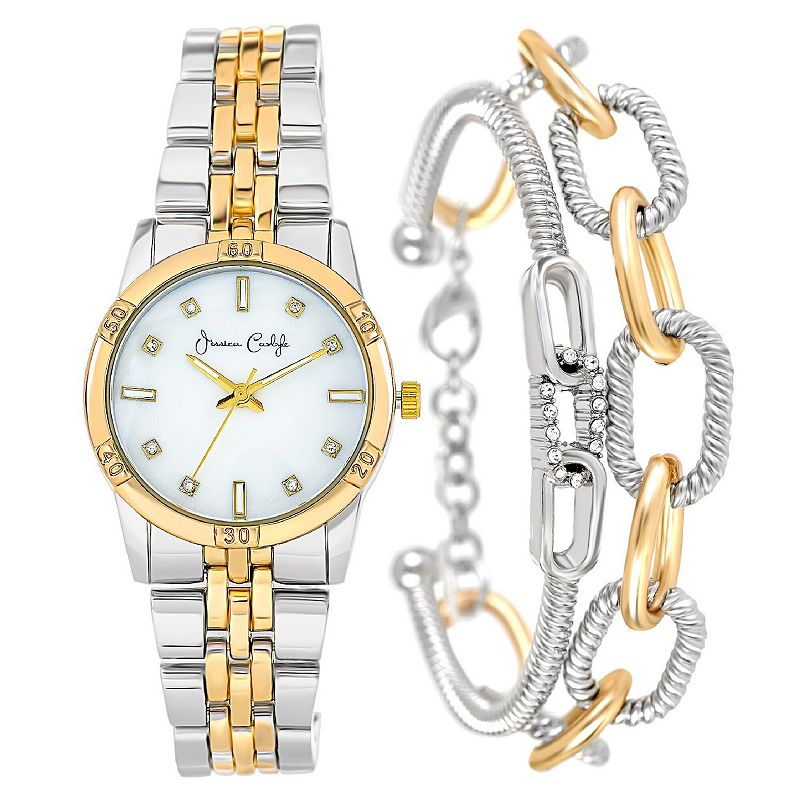 Jessica Carlyle Women's Two Tone Mother-of-Pearl Watch & Bracelet Set, Size: 33 mm, White