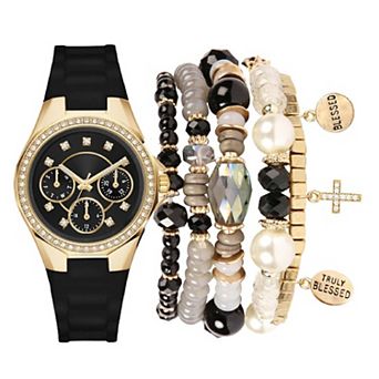 Jessica Carlyle Women's Black Silicone Analog Watch & Bracelet Set