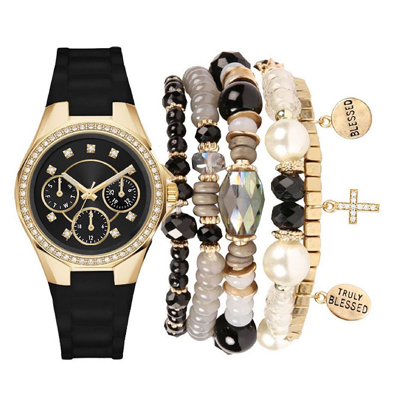 Jessica Carlyle Women's Black Silicone Analog Watch & Bracelet Set, Size: 35 mm