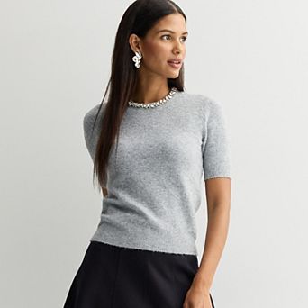 Women's Nine West Jewel Neck Short Sleeve Knit Sweater
