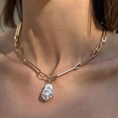Adornia Paper Clip Chain Crystal Simulated Pearl Drop Necklace