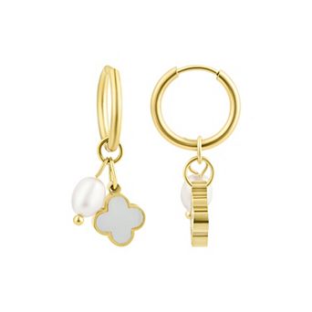 Adornia Tarnish Resistant Freshwater Cultured Pearl & Mother-Of-Pearl Clover Hoop Earrings