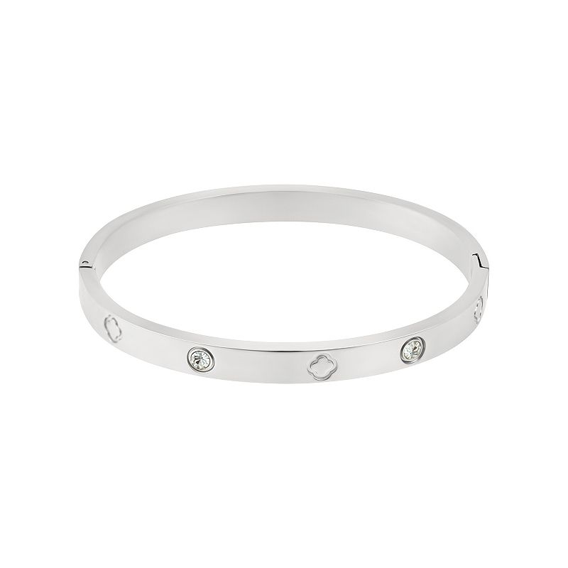 Adornia Tarnish Resistant Stainless Steel Cubic Zirconia Clover Bangle Bracelet, Women's, Size: 7", Silver Tone